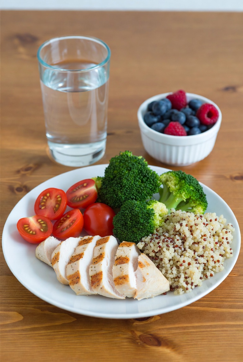 Сбалансированная здоровая еда для похудения: овощи, белок, вода